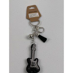 Rhinestone Guitar Keychain With Tassel & Silver Ball Charm Black, Silver